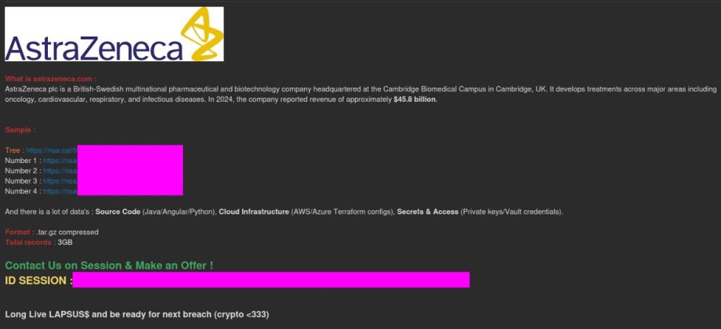 LAPSUS$ 卷土重来？黑客组织声称攻破阿斯利康，3GB 数据待售